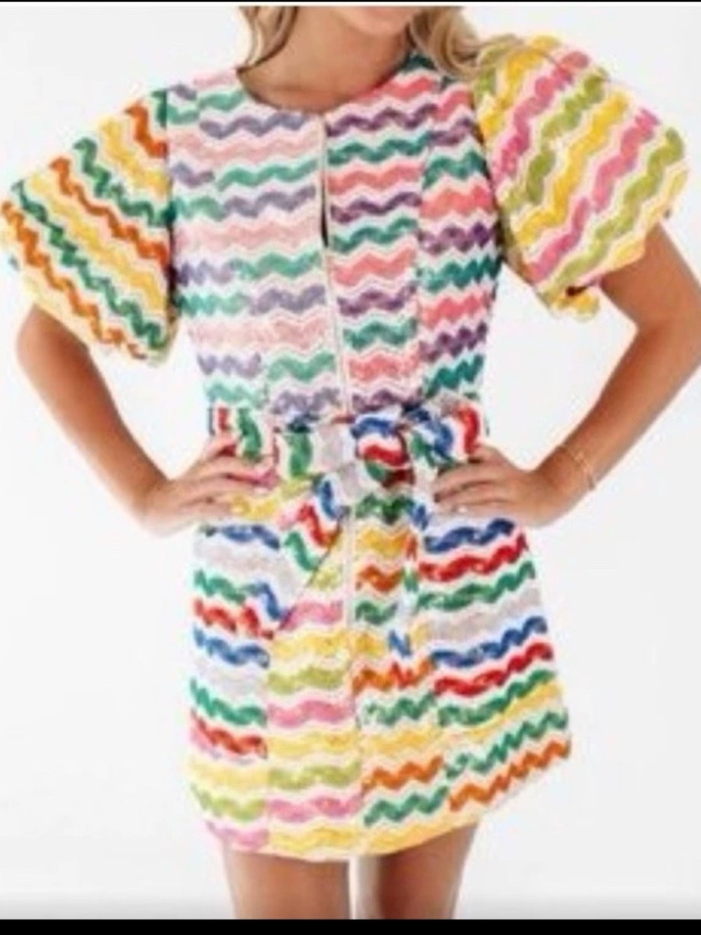 QUEEN OF SPARKLES Rainbow Chevron Puff-Sleeve Mini Dress